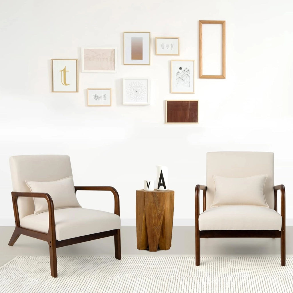 Poltrona da Salotto, Sedia da Soggiorno con Cuscino Lombare, Poltrona Moderna Imbottita, Telaio in Legno di Gomma, per Soggiorno, Camera da Letto, Portata 150 kg (Beige)