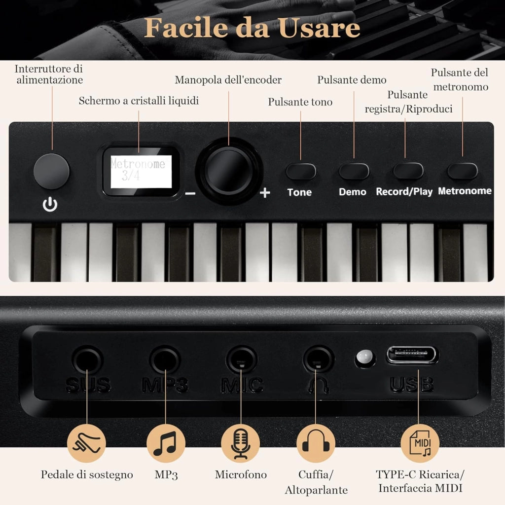Tastiera Elettronica 88 Tasti Illuminati, Pianoforte Digitale Pieghevole Portatile con Custodia, Sustain Pedali, Modalità di Insegnamento, MP3/USB/MIDI/Bluetooth (Nero)