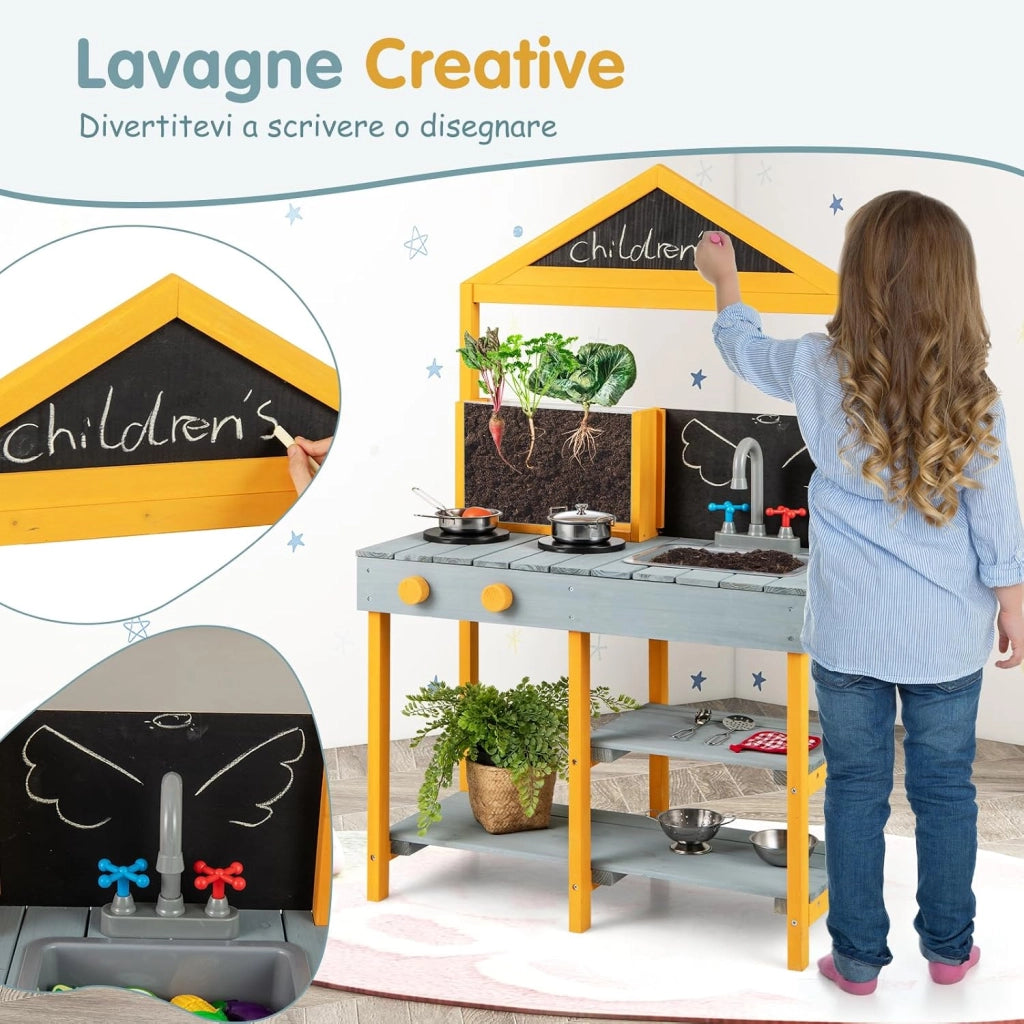 Cucina Giocattolo per Giardino con Vaso da Piantinaggio Trasparente, Rubinetto e Lavandino Rimovibile, Cucina in Legno di Abete per Bambini, Set Cucina con 8 Accessori (Blu e Arancio)