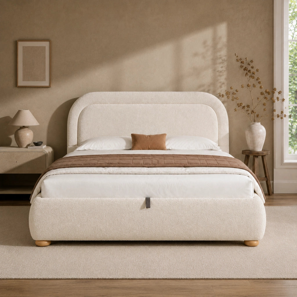 LETTO Contenitore 140x190 cm Bouclé Beige con sommier a doghe
