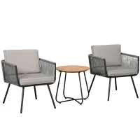 Set da giardino in rattan sintetico 3 pezzi con 2 poltrone e tavolino, cuscini inclusi, struttura in acciaio, grigio
