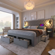 Letto matrimoniale 160x200 cm in velluto grigio con 2 comodini, 4 cassetti, luci lettura e USB/Type-C