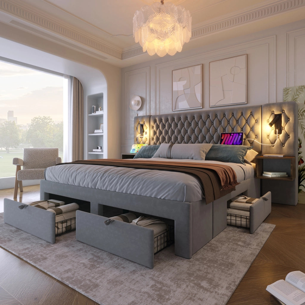 Letto matrimoniale 160x200 cm in velluto grigio con 2 comodini, 4 cassetti, luci lettura e USB/Type-C