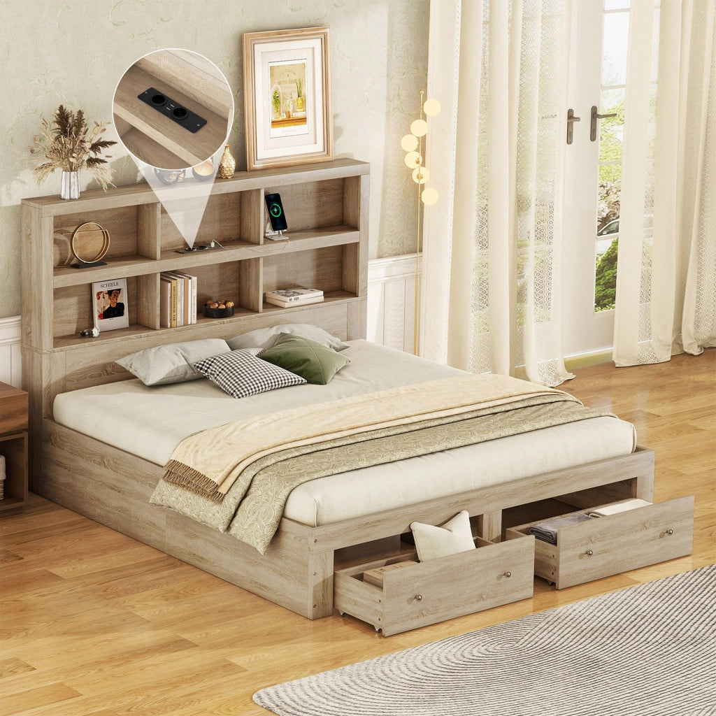 OKWISH Letto con Cassetti 160×200 cm, Letto Matrimoniale con USB, 2 Cassetti e 6 Mensole, senza Materasso, in Pannelli, Naturale