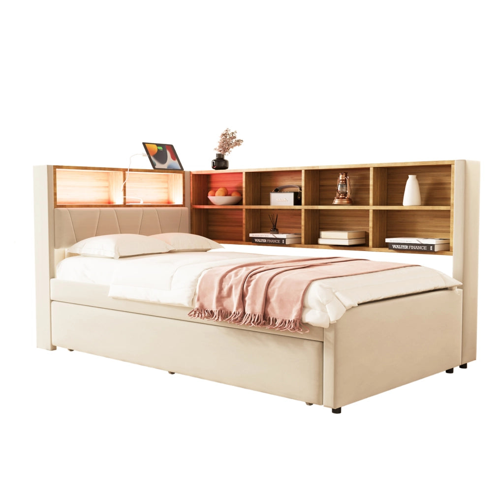 Divano letto multifunzione 90x200 cm con letto estraibile 90x190 cm; LED; USB; beige