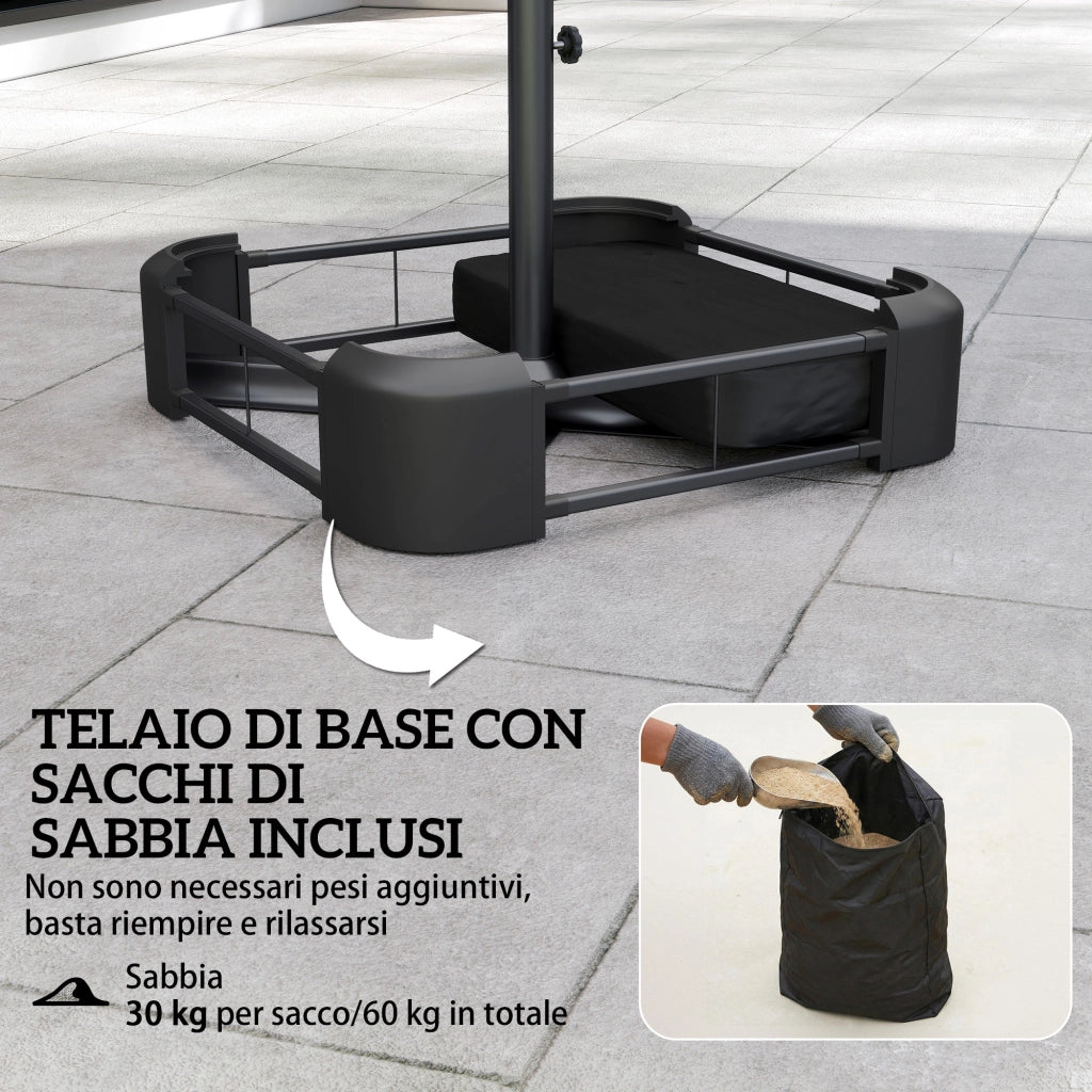Ombrellone Doppio da Giardino a 12 Stecche con Manovella Base a Croce e Sacchi in Metallo e Poliestere Beige