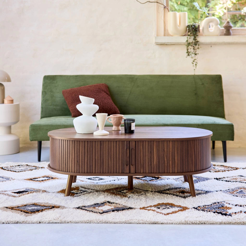Tavolino scandinavo effetto legno scanalato 2 ante scorrevoli, noce