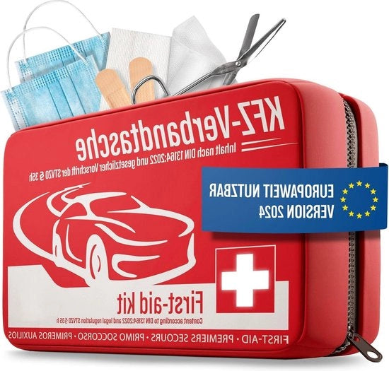 Kit di pronto soccorso per auto conforme alla norma attuale 2023 DIN 13164:2022 (rispettare le normative locali), utilizzabile in Europa, set di pronto soccorso auto 2025, testato da TÜV