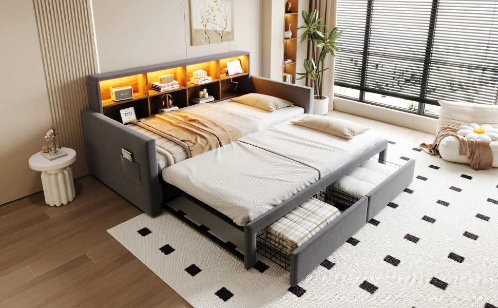 Letto pieghevole imbottito con LED e USB 90x190 cm velluto grigio