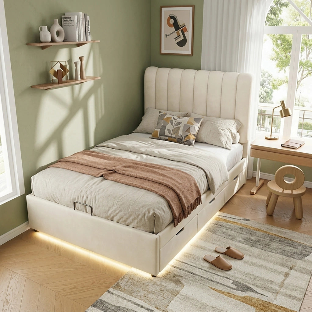 Letto imbottito per bambini 90x200 cm con contenitore, cassetti e LED