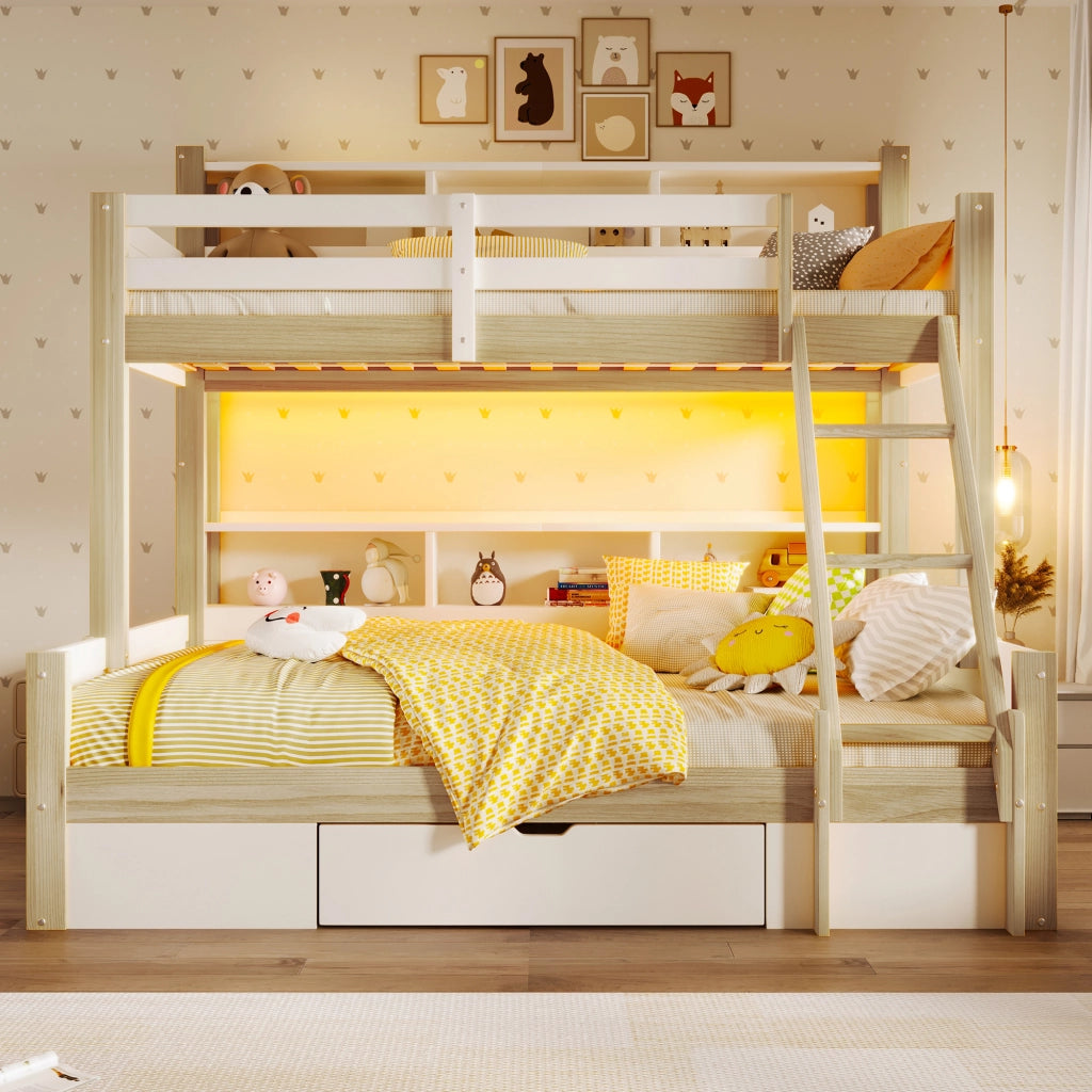 Letto a castello 90×200 cm e 140×200 cm; con LED; scala; vani aperti; senza materasso; legno bianco naturale
