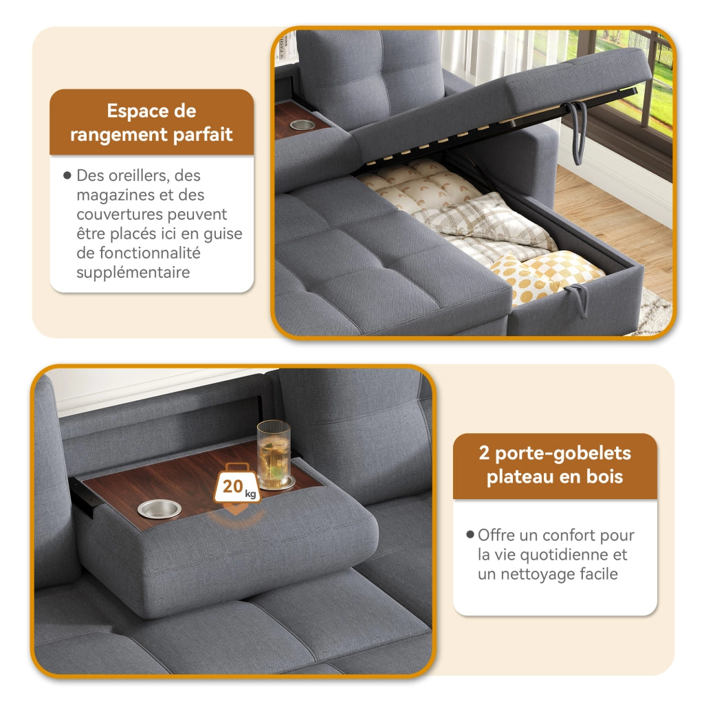 Divano angolare L modulare letto estraibile con vano contenitore e portabicchieri in lino grigio 211 × 136 × 87 cm