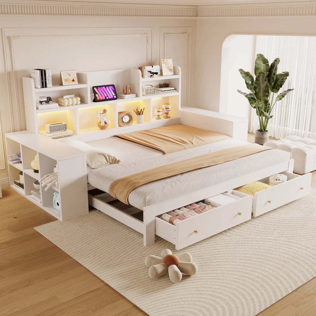 Divano letto estraibile 90x200 cm con contenitore; LED e presa bianco
