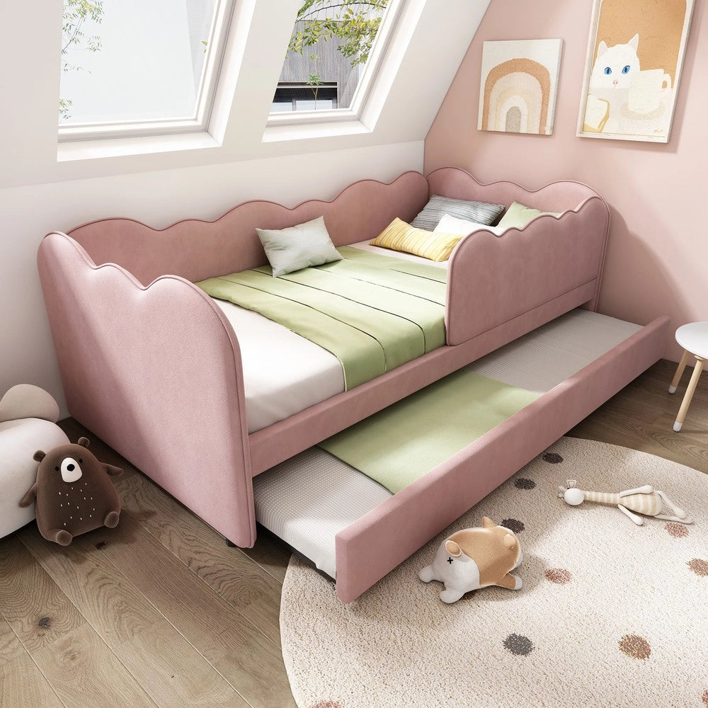 Letto Singolo Imbottito con Rete a Doghe e Letto Estraibile ¨C MINIMAL ¨C Velluto Rosa 90x190
