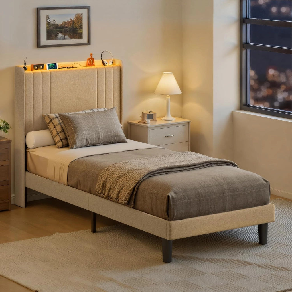 Letto imbottito con luce LED 120 x 200 cm，Piattaforma Struttura letto (2 Prese CA 2 Porte USB), Per le camere degli ospiti e le camere da letto (Grigio scuro)