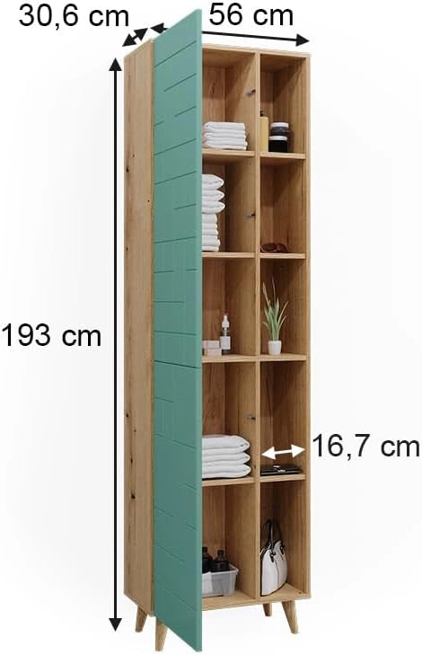 Armadio per il bagno Rudi, Verde menta, 56 x 193 cm con ante e vani a giorno, con meccanismo push-to-open e struttura combinabile