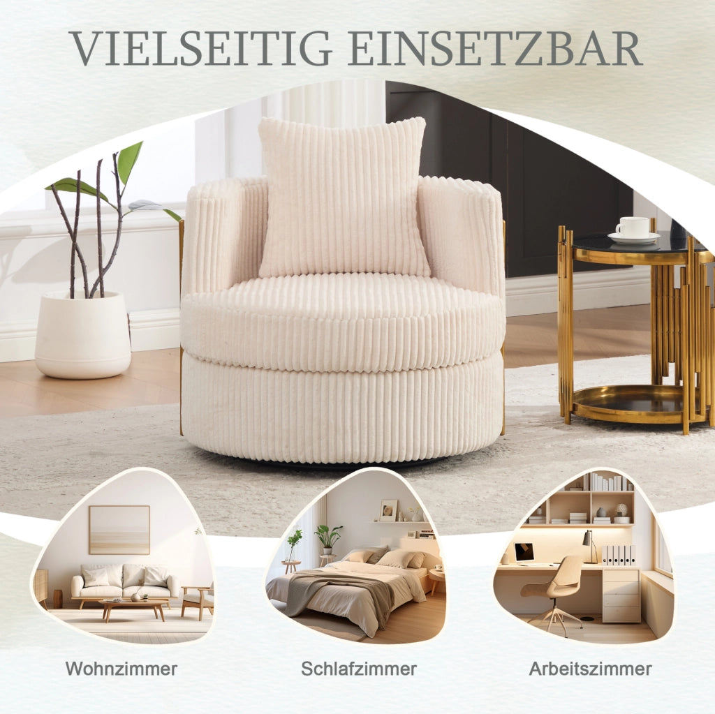Poltrona girevole 360° in tessuto cord beige con vano contenitore; 76x79x78 cm