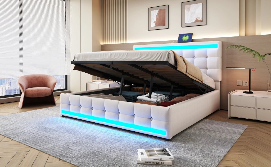 DESMIU Letto Imbottito 180 × 200 cm 2 posti con USB, LED regolabile e testiera regolabile, senza materasso, beige