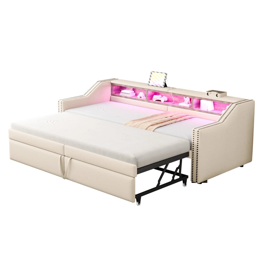 Divano letto imbottito estraibile 90/180 x 200 cm beige con LED e USB