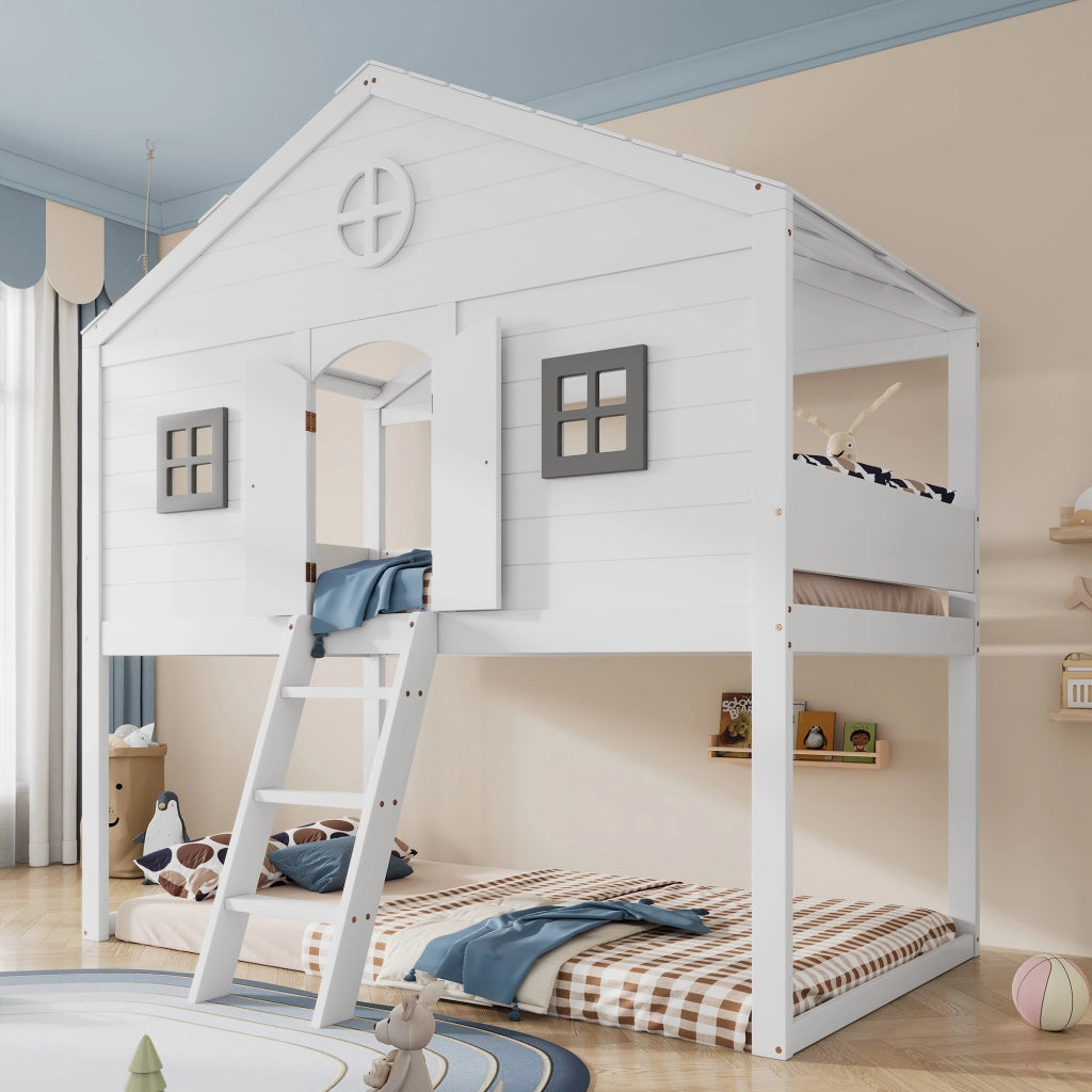 Letto a castello con scala bianco grigio in legno massello e MDF 90x200 cm