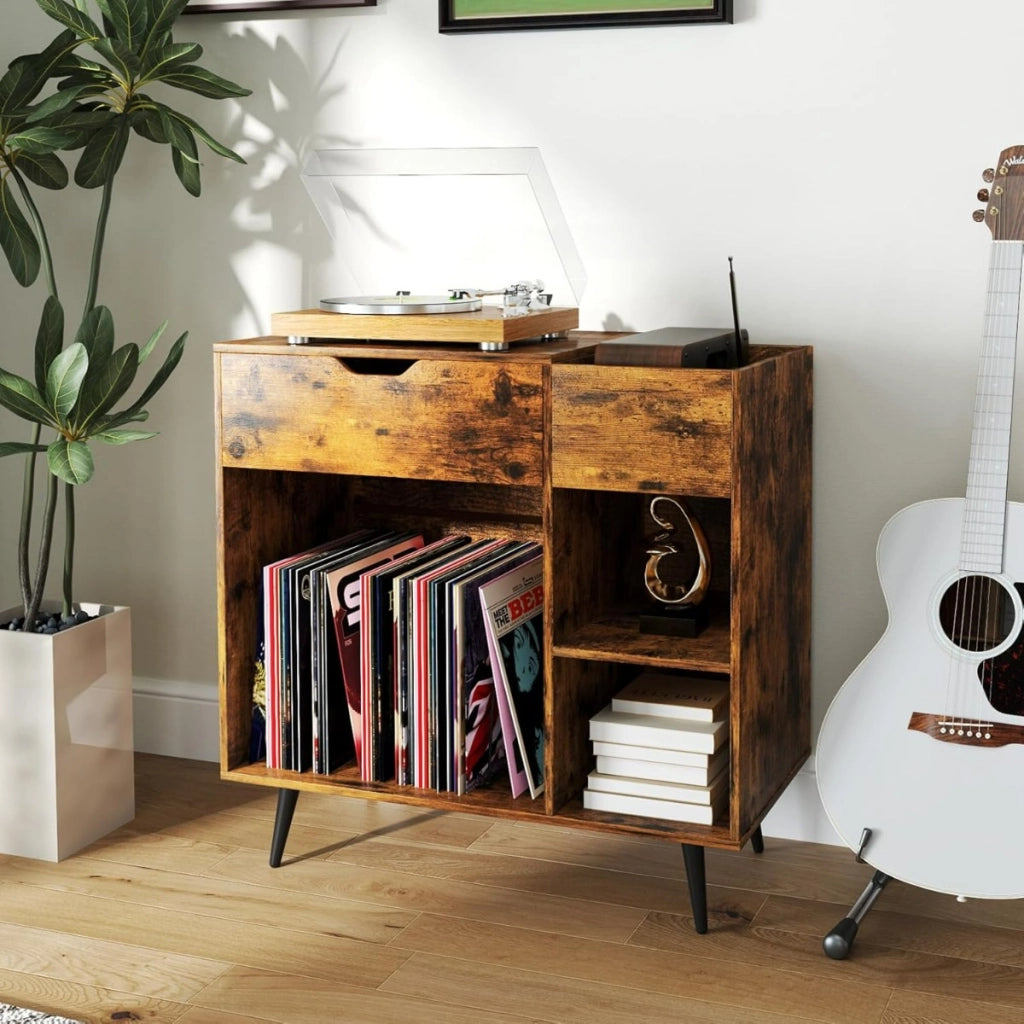 Tavolo record in vinile con cassetto estraibile-Supporto per giradischi per soggiorno e camera da letto Marrone Rustico