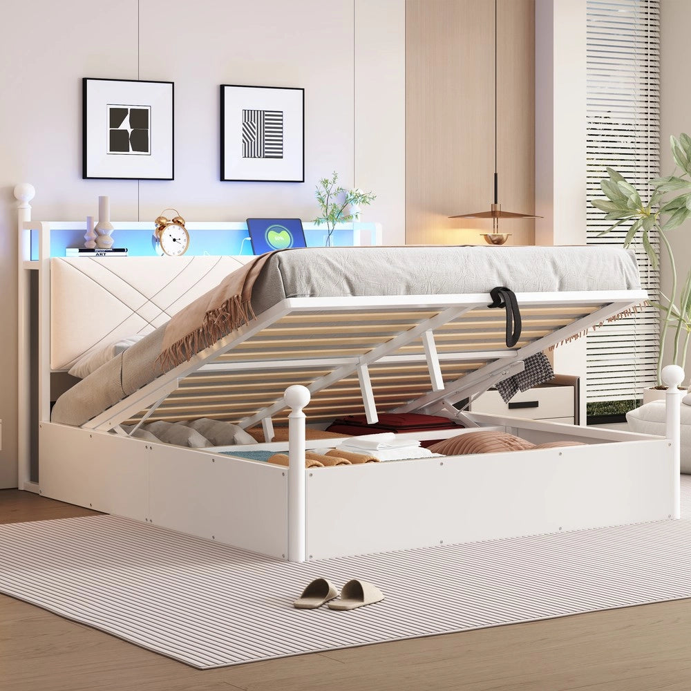 Letto a due piazze multifunzionale - Zephmum - 140x190 cm - Bianco - Struttura in ferro battuto, vano sottostante idraulico, baldacchino, LED e porte USB/Type-C