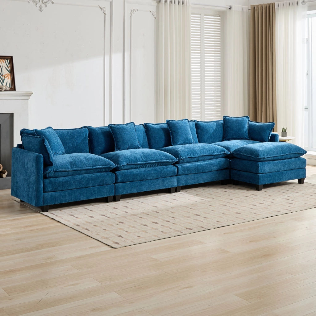 Divano modulare 4 posti con cuscini ergonomici e seduta imbottita in tessuto chenille blu 75 × 380 × 84 cm