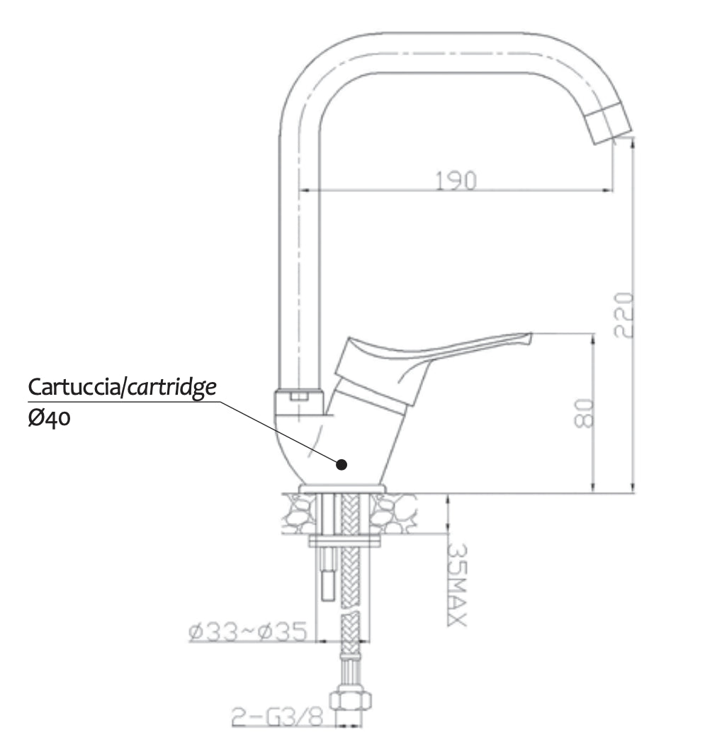 Rubinetto miscelatore cucina canna squadrata a ponte