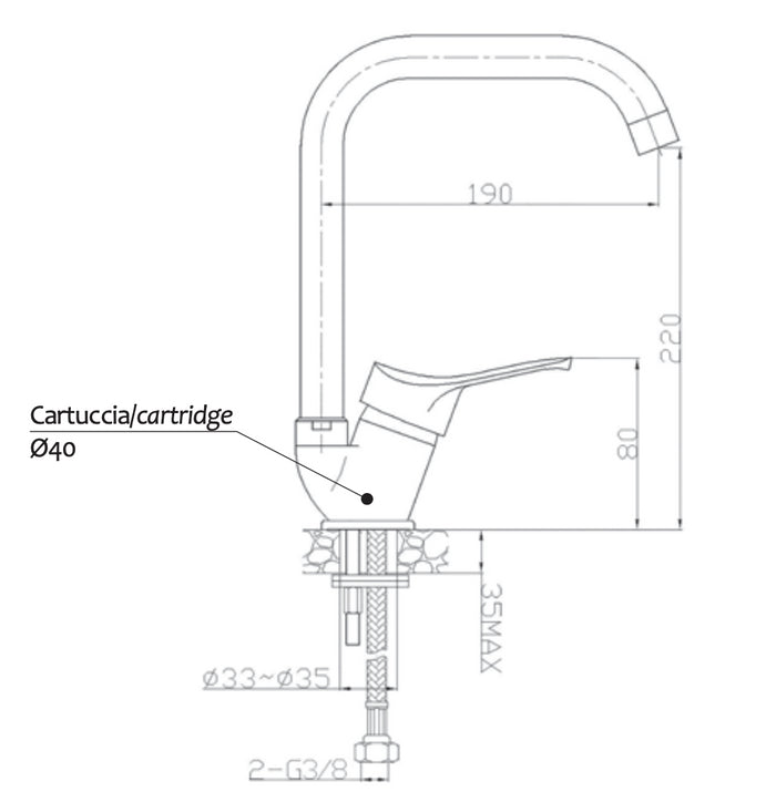 Rubinetto miscelatore cucina canna squadrata a ponte