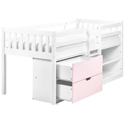 Letto per bambini in legno bianco e rosa UE misura singola 90 x 200 cm con telaio a doghe cassetti e ripiani letto per bambini piccoli