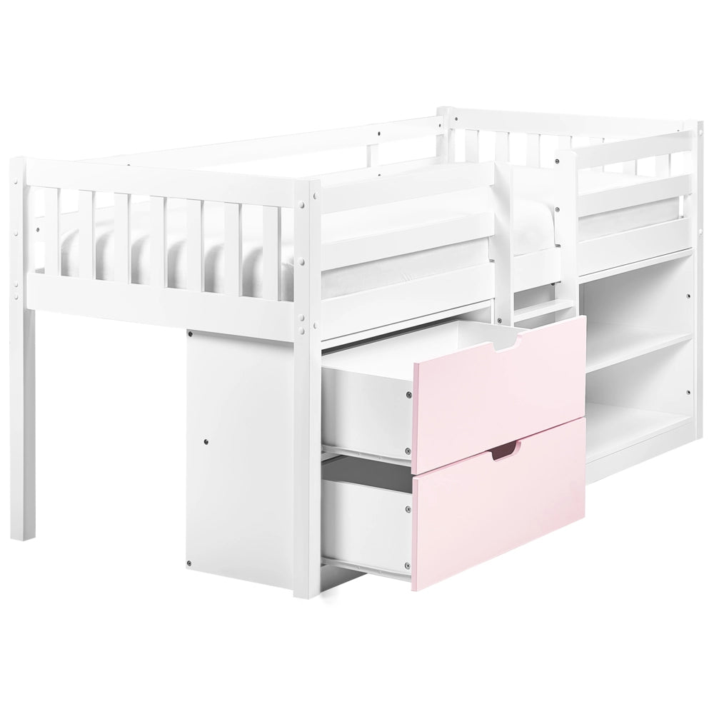 Letto per bambini in legno bianco e rosa UE misura singola 90 x 200 cm con telaio a doghe cassetti e ripiani letto per bambini piccoli