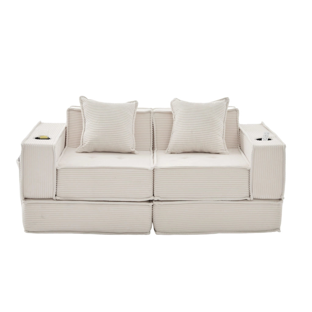 Divano pouf modulare beige in velluto a coste con 2 cuscini