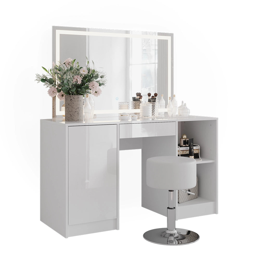 Vicco Tavolo da toeletta Bianco/bianco lucido 128.2 cm con specchio LED e sgabello
