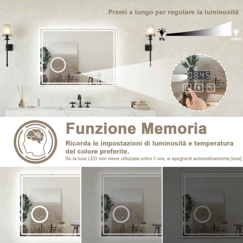 Specchio bagno Rettangolare 80x60cm Led Con 3 Luci + 3X Lente d'ingrandimento + Bluetooth + Orologio + Antiappannamento