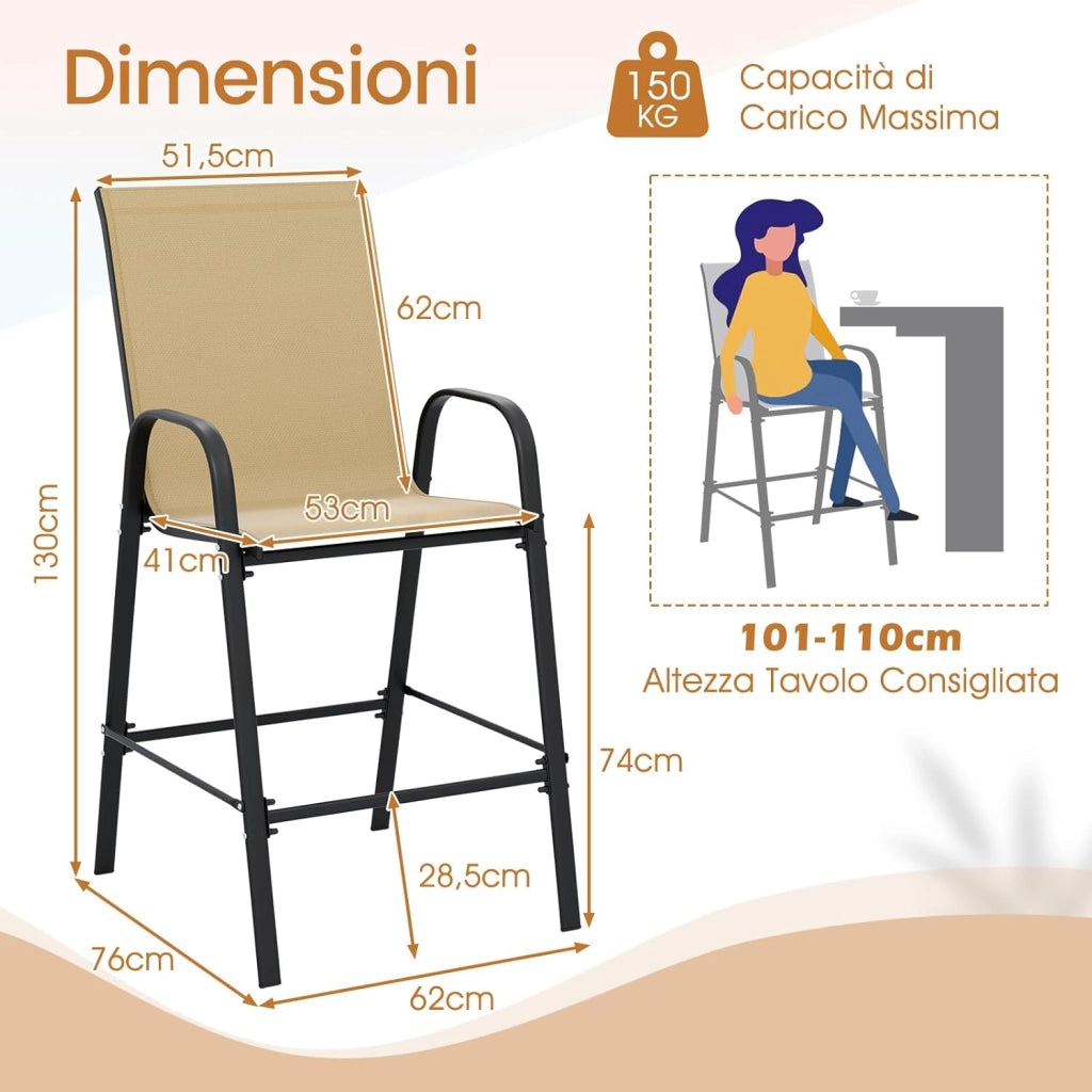 Set di 2 Sgabelli da Bar per Esterno, Sgabello 74 cm da Giardino, Polrona Alta con Poggiapiedi, Seduta Allargata & Telaio in Metallo,per Patio Terrazza Piscina, Portata 150 kg