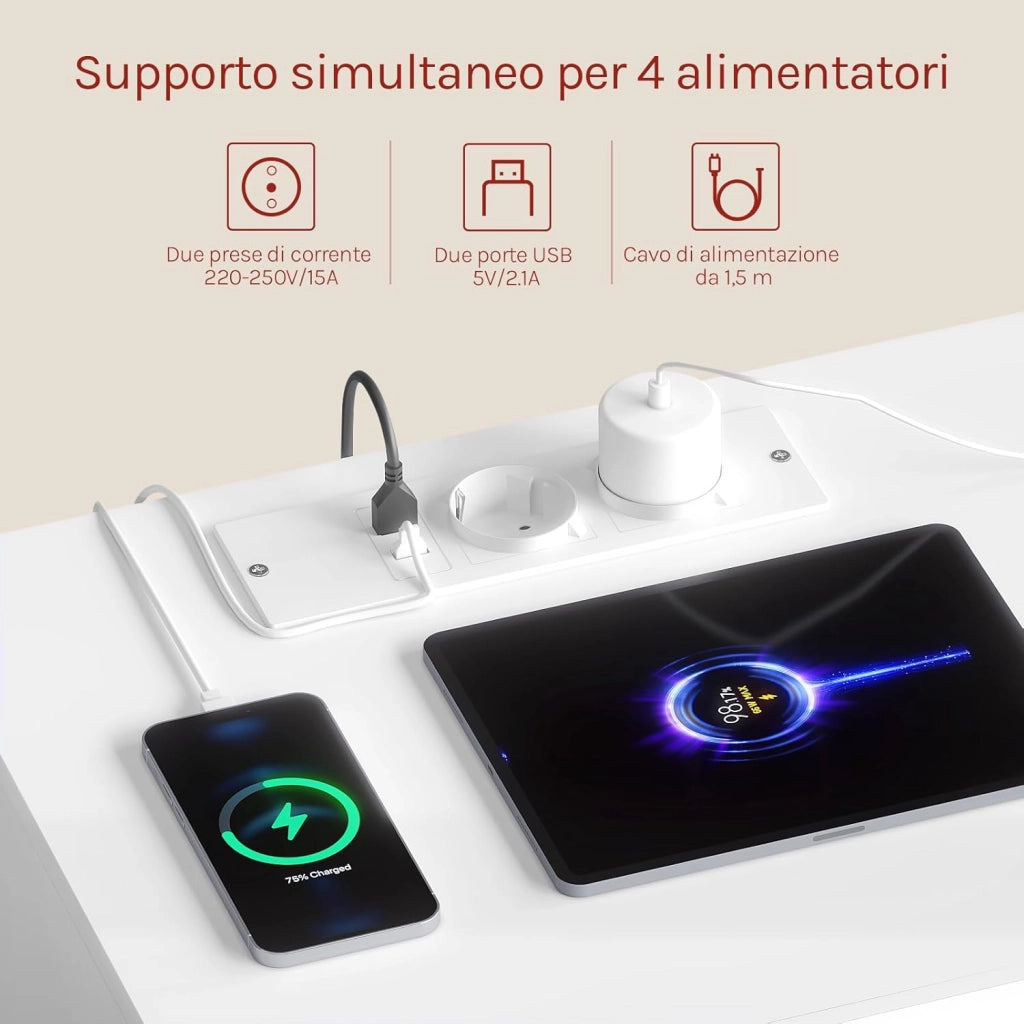 Comodini Set di 2, con Stazione di Ricarica, Comodini a LED Connesso, 2 Prese, 2 Porte USB, 2 Cassetti, 1 Scomparto con Sportello, per Camera da Letto, 40 x 35 x 55 cm, Bianco