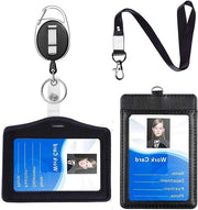 Set di Badge in Pelle con Lanyard doppio lato - Porta ID Carta - 4 pezzi - Nero