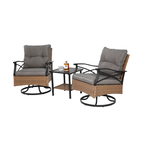 Set 3 Pezzi da Giardino con 2 Sedie a Dondolo Girevoli e Tavolino ¨C MINIMAL ¨C Polyrattan Marrone