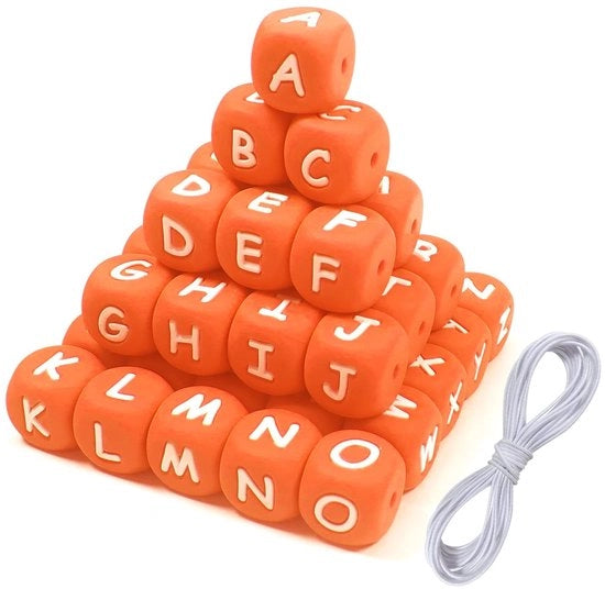 Letterkralen in Silicone 12 mm - Colore Arancione/Bianco - Armband DIY con 52 Stuks - Inclusa 2M di Filo - Materiale Duraturo