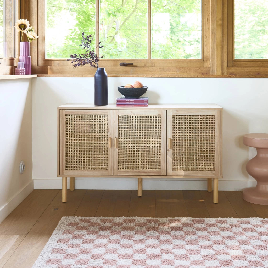 Credenza in vimini ed effetto legno a 3 ante, 120cm, marrone naturale