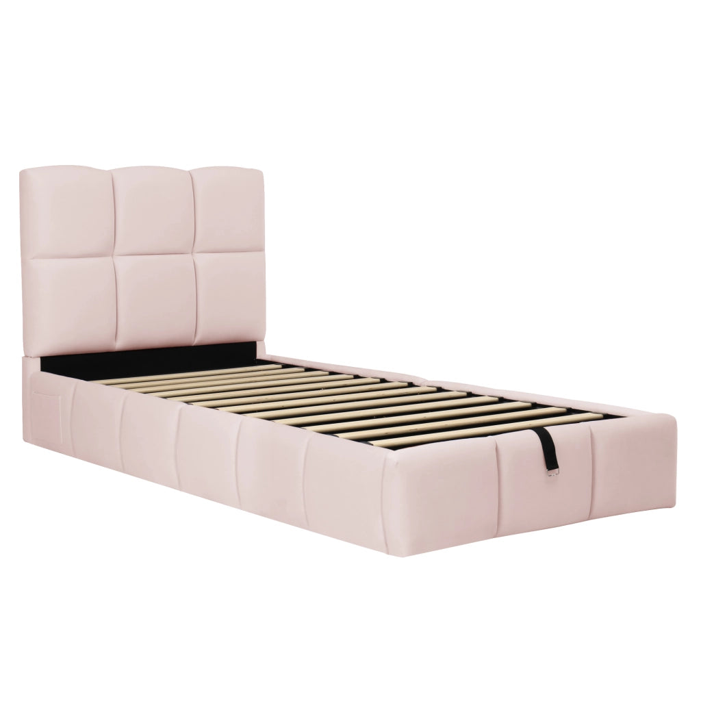Letto Singolo 90x200 cm; con Contenitore; USB e Type-C; Rete a Doghe - in Velluto Rosa
