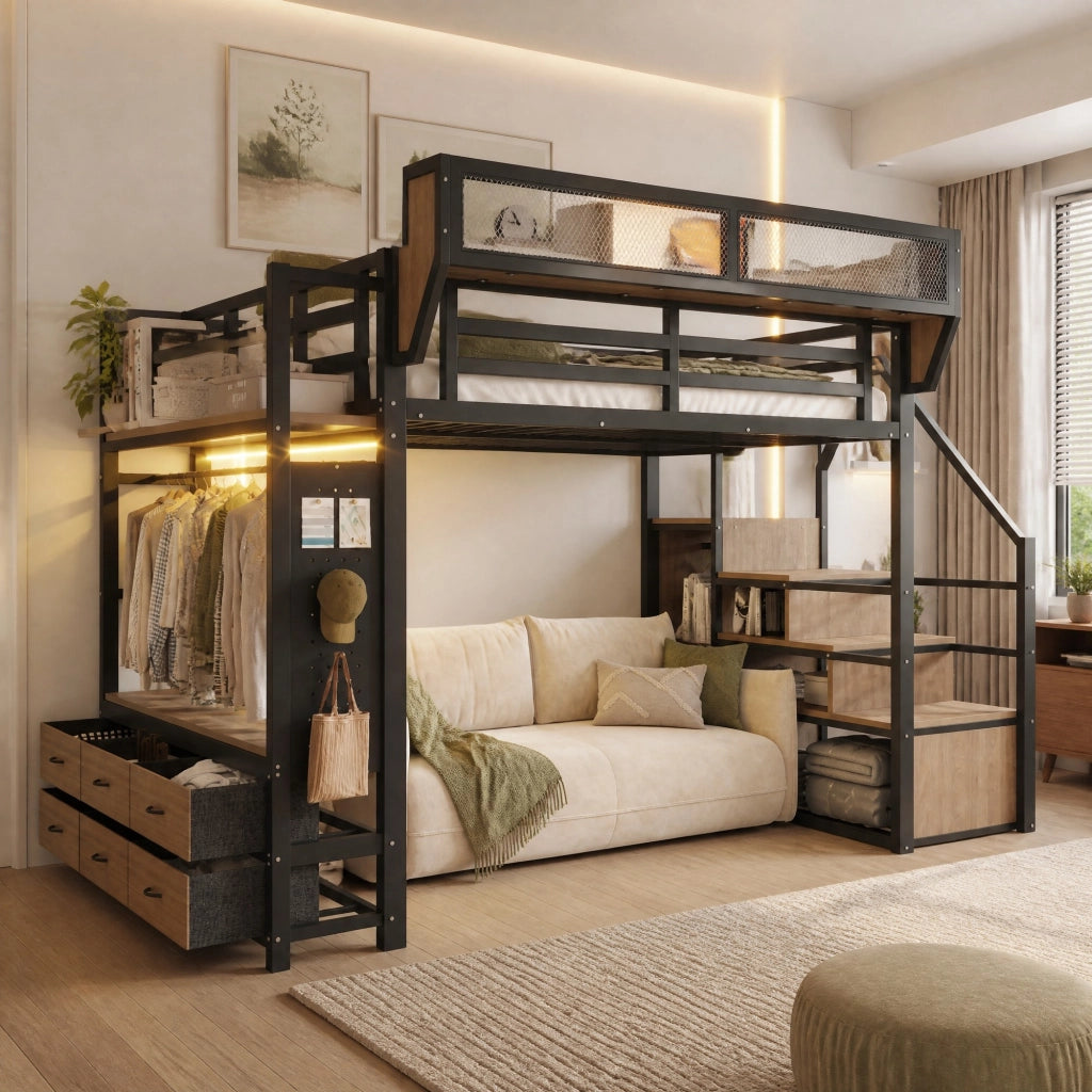 LETTO a soppalco 140x200 cm in metallo nero, con LED e vani contenitore