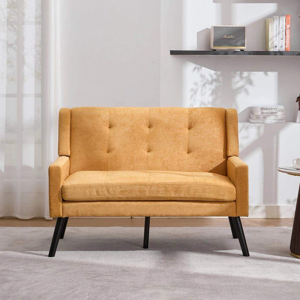 Fauteuil set da 2 con cuscini ad alta densità e tufting, gambe in legno massello giallo per soggiorno e home office
