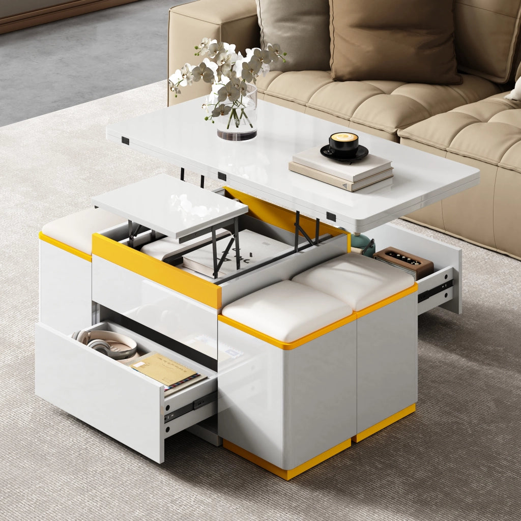 Tavolino Da Salotto Alzabile ed Estensibile con 1 Cassetto e Vani; Lucido Parziale; in MDF; Bianco Giallo