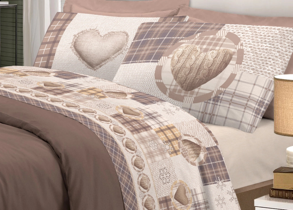 Completo Lenzuola Linea Pensieri Delicati In 100% Cotone Disegno Love Mountain - 1 Piazza e Mezza - Beige