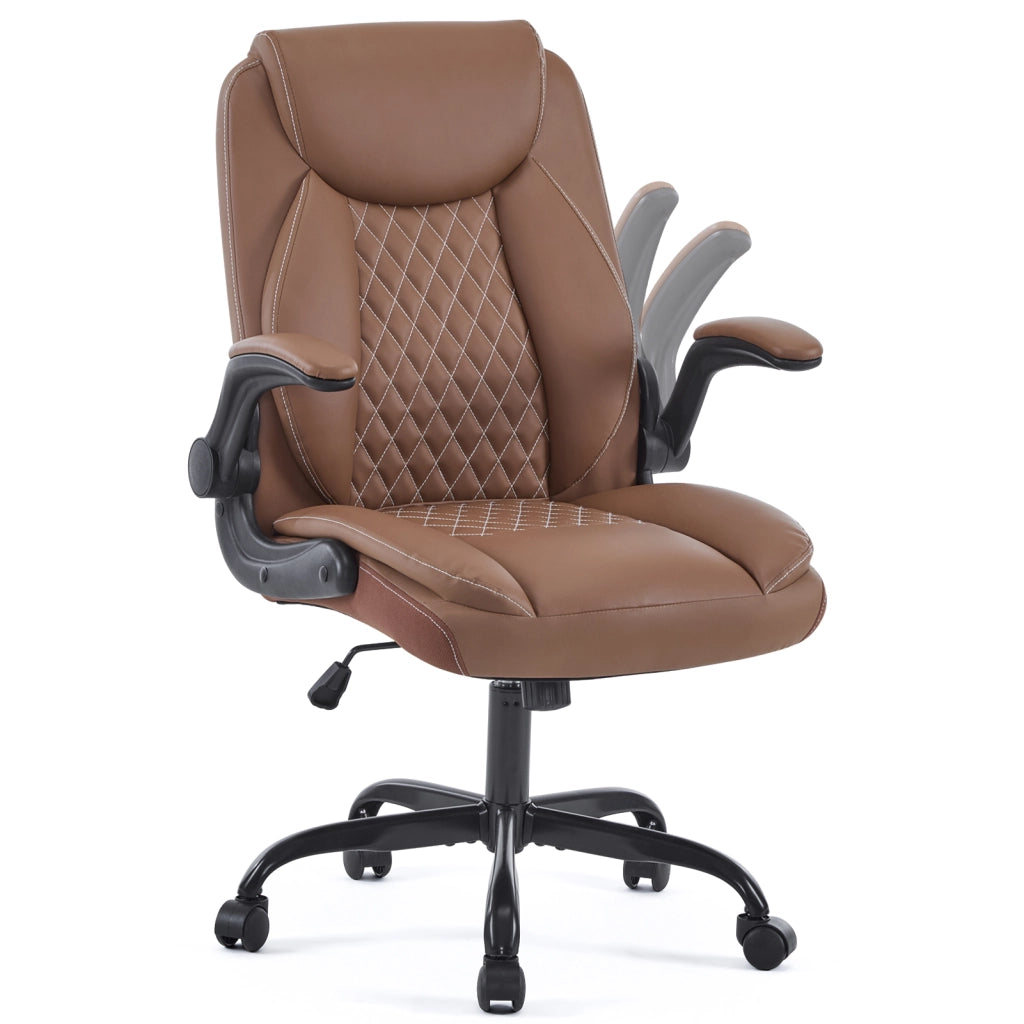 Sedia da ufficio ergonomica in pelle con supporto lombare braccioli ribaltabili e seduta imbottita marrone