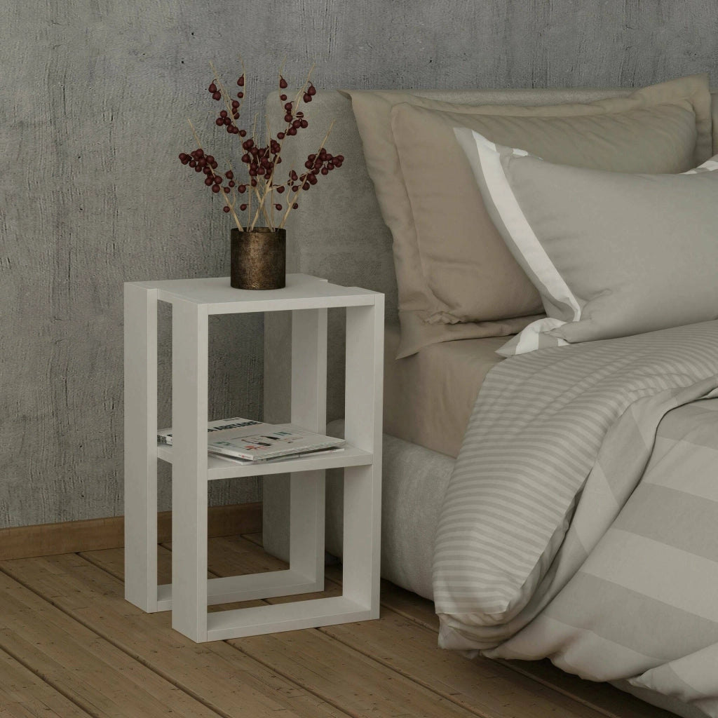 Comodino Alfreda, Comò basso, Tavolino da notte, Mensola da letto, 30x30h55 cm, Bianco