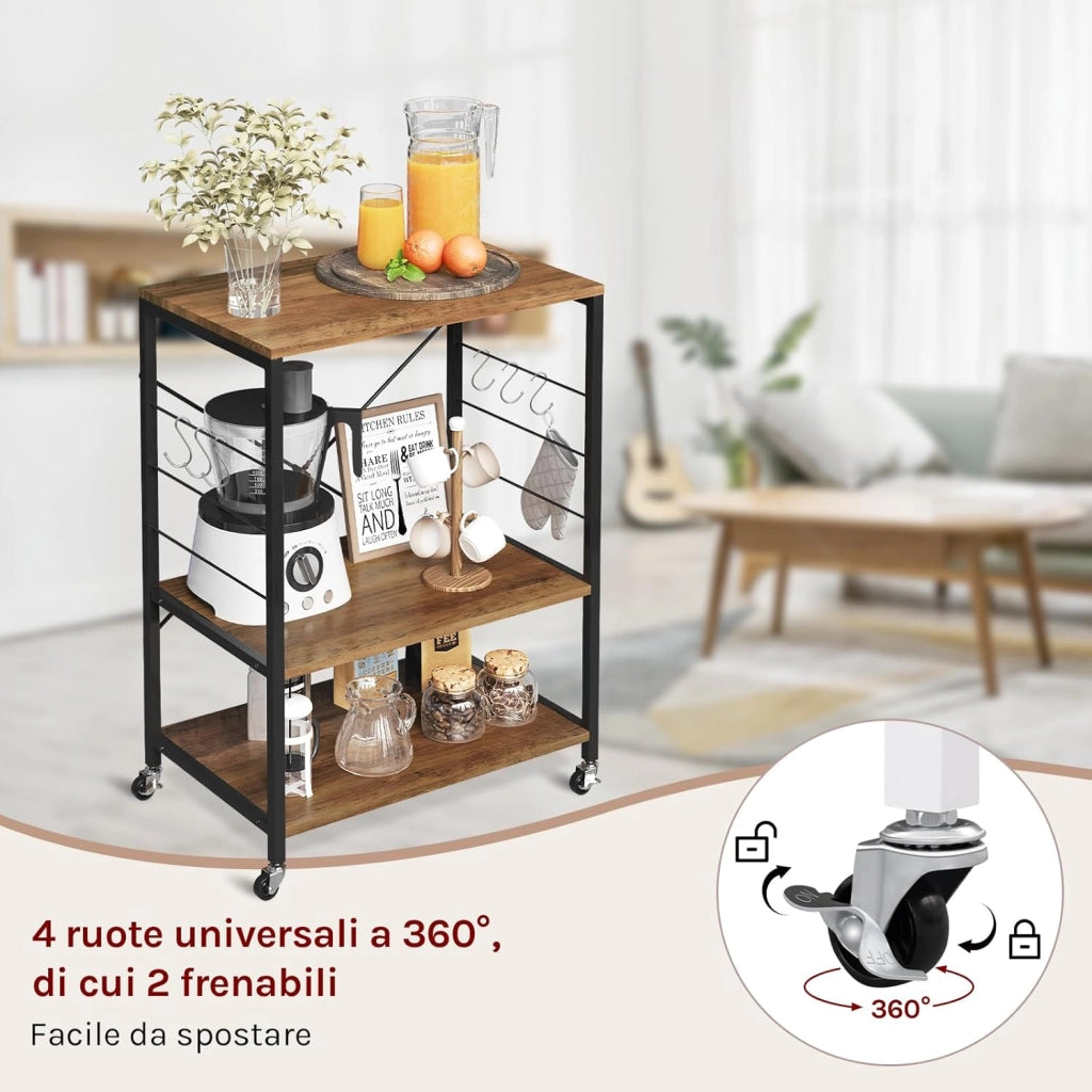 Scaffale da Cucina con Ruote, Carrello Cucina a 3 Livelli, Scaffale per Microonde con 4 Ganci, Carrello da Bar con Struttura in Metallo, Marrone Rustico+Nero, 60x40x82,5 cm