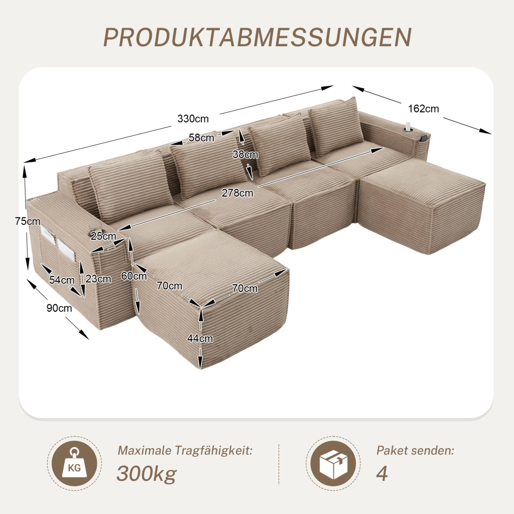 Divano modulare 4 posti con portabicchieri, tasche laterali e 2 pouf, in tessuto corduroy khaki