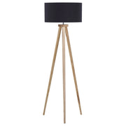 Lampada da Terra Nera con Struttura in Legno Chiaro 140 cm Paralume in Tessuto Treppiede per Tamburo Design Moderno